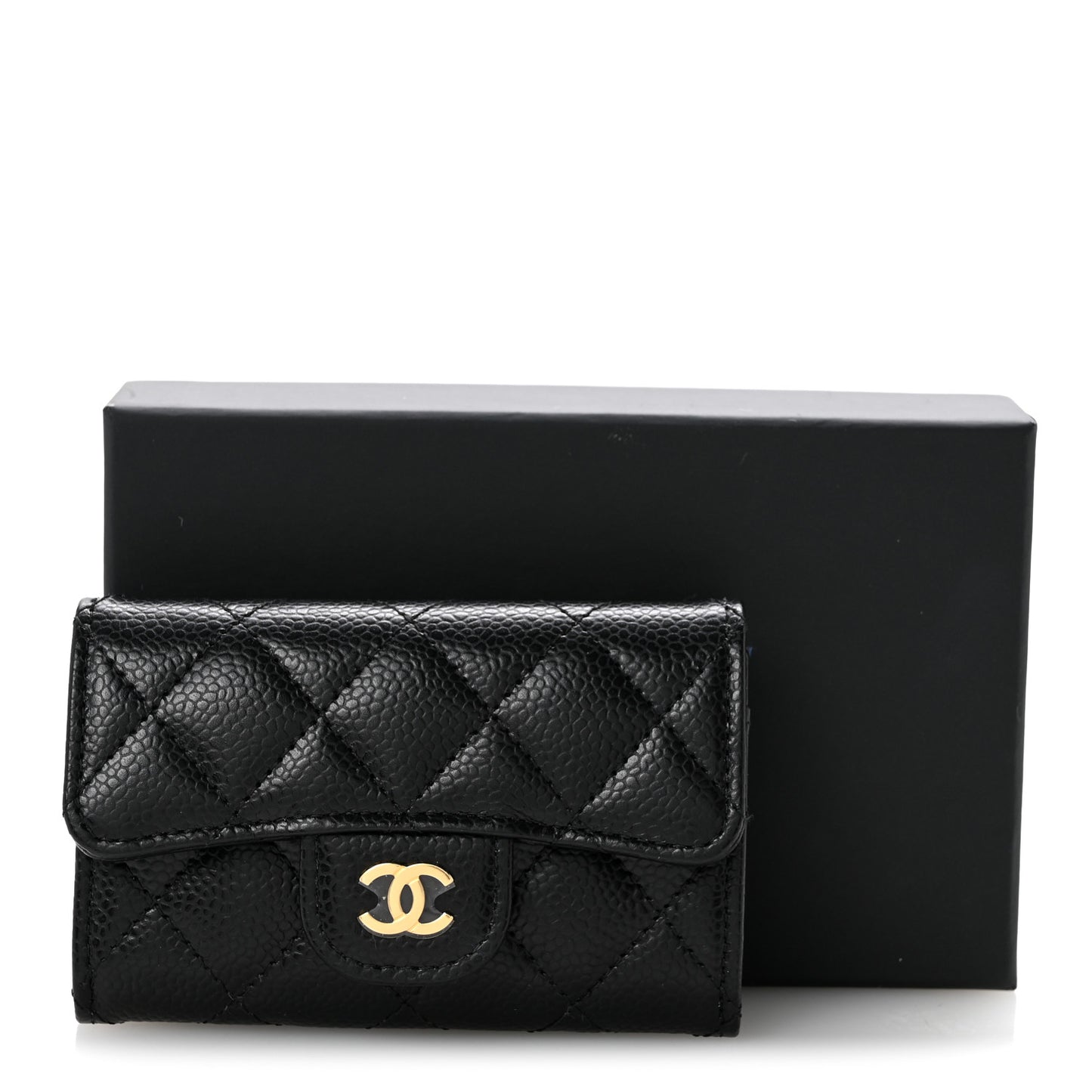Caviar Quilted Flap Card Holder Wallet Black