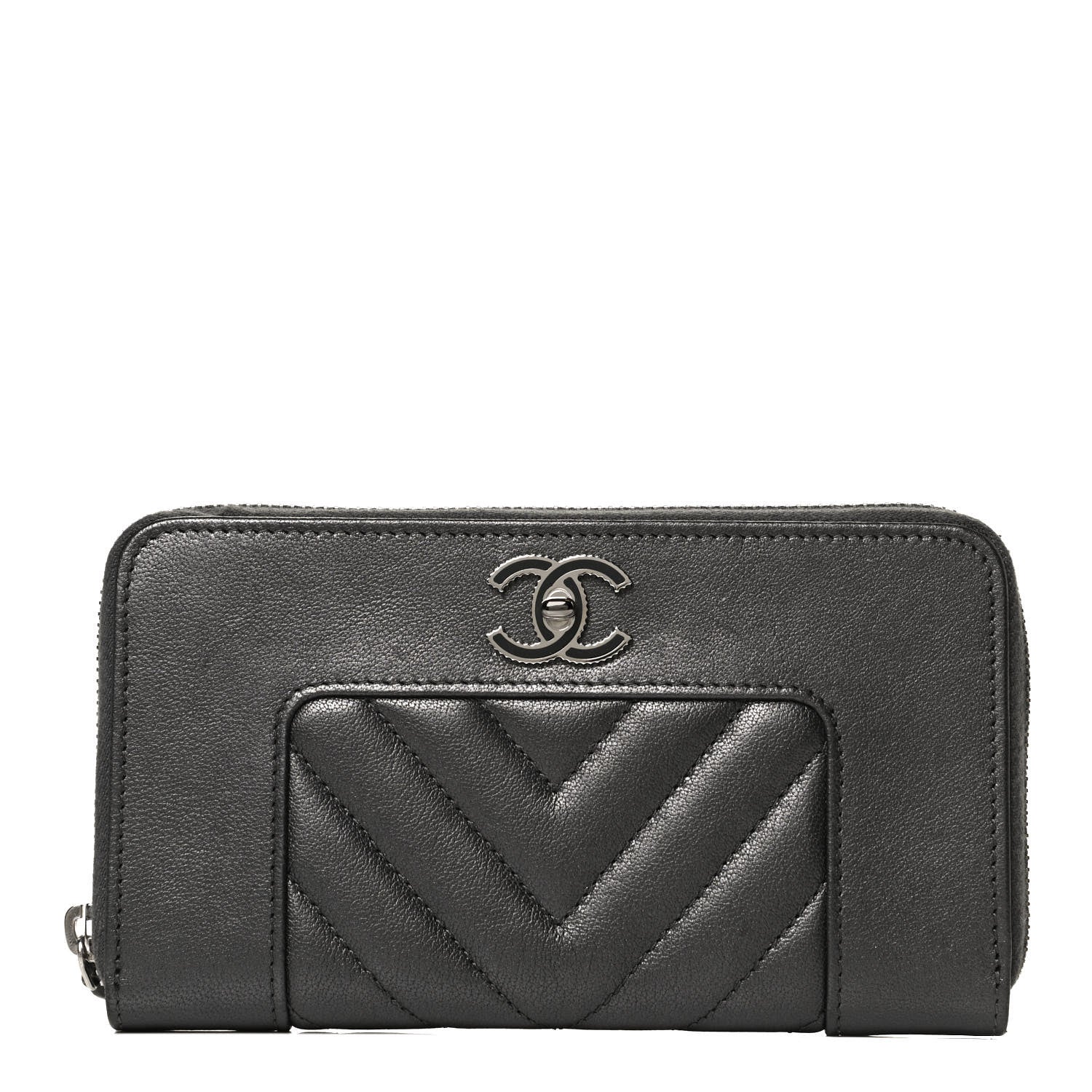 Chanel Sheepskin Chevron Quilted Mademoiselle Vintage Zip Around Wallet Grey 1 of 12