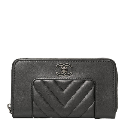Chanel Sheepskin Chevron Quilted Mademoiselle Vintage Zip Around Wallet Grey 1 of 12