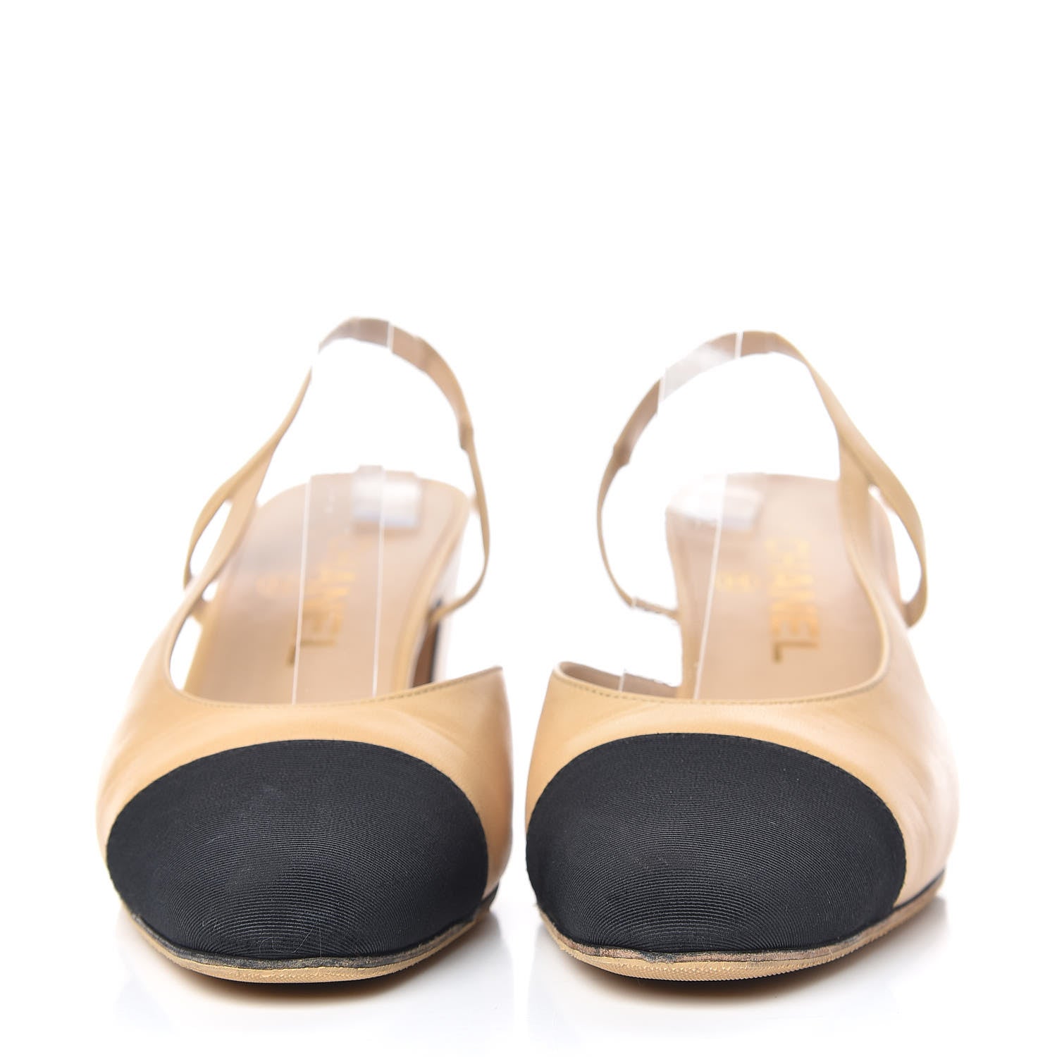 Chanel Goatskin Grosgrain Cap Toe CC Slingback Pumps 37.5 Beige Black 2 of 17