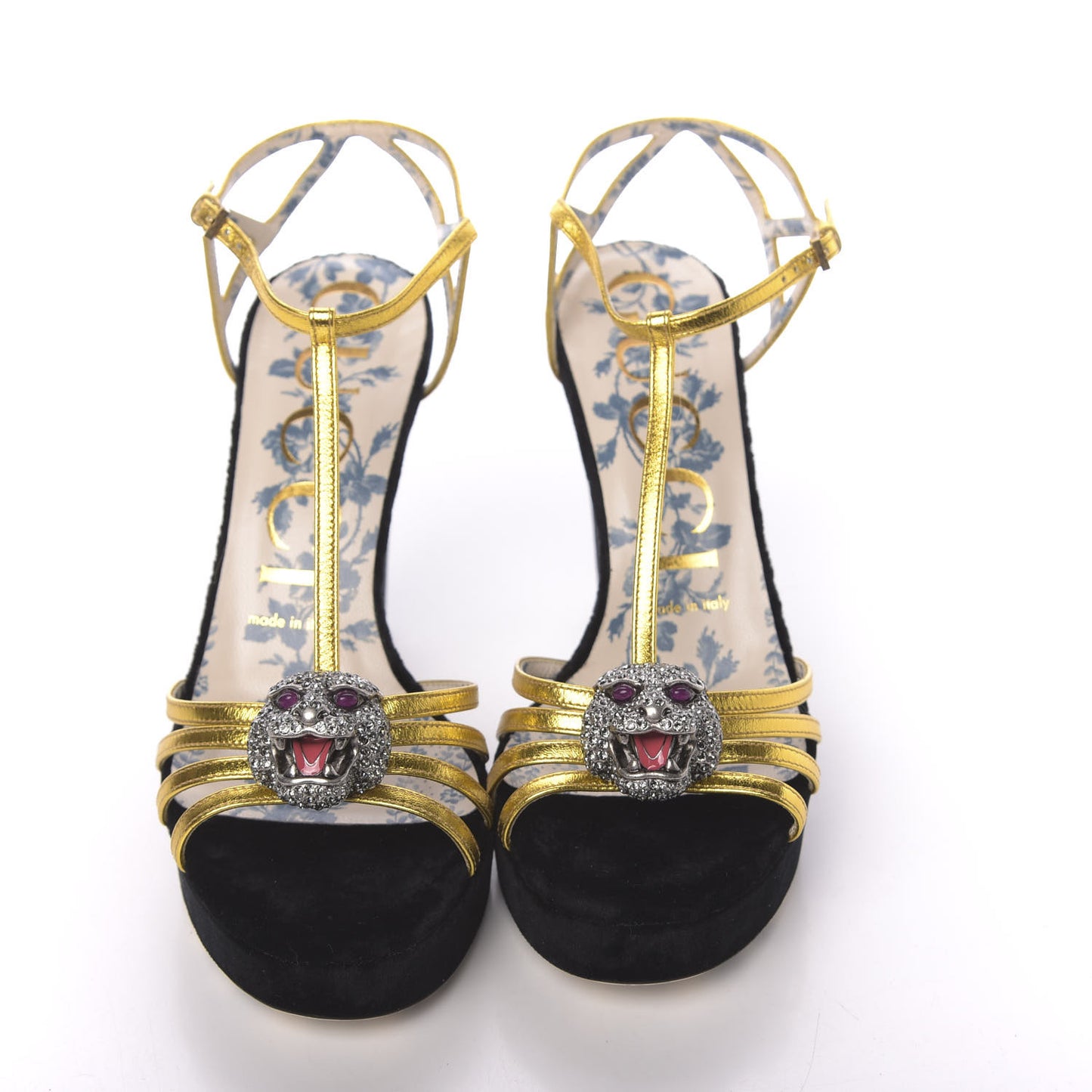 Velvet Nappa Elias T-Strap Platform High Heel Sandals 37 Black Gold