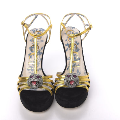 Gucci Velvet Nappa Elias T-Strap Platform High Heel Sandals 37 Black Gold 9 of 10