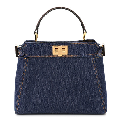 Fendi Denim Fabric Jacquard Cuoio FF 1974 Mini Peekaboo Iconic Satchel Blue Tobacco Moro 1 of 12