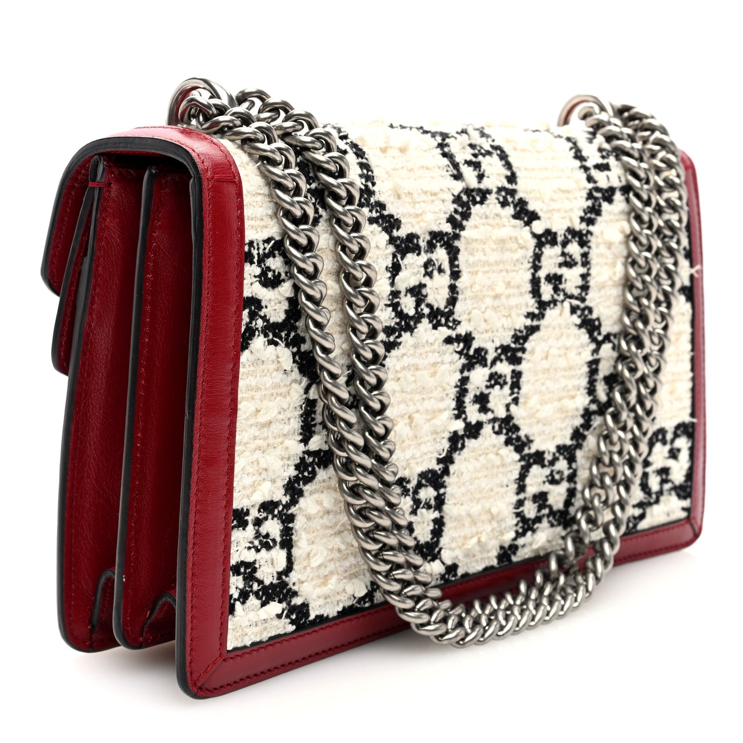 Gucci Tweed GG Monogram Small Dionysus Shoulder Bag White Black Romantic Cherry 3 of 11