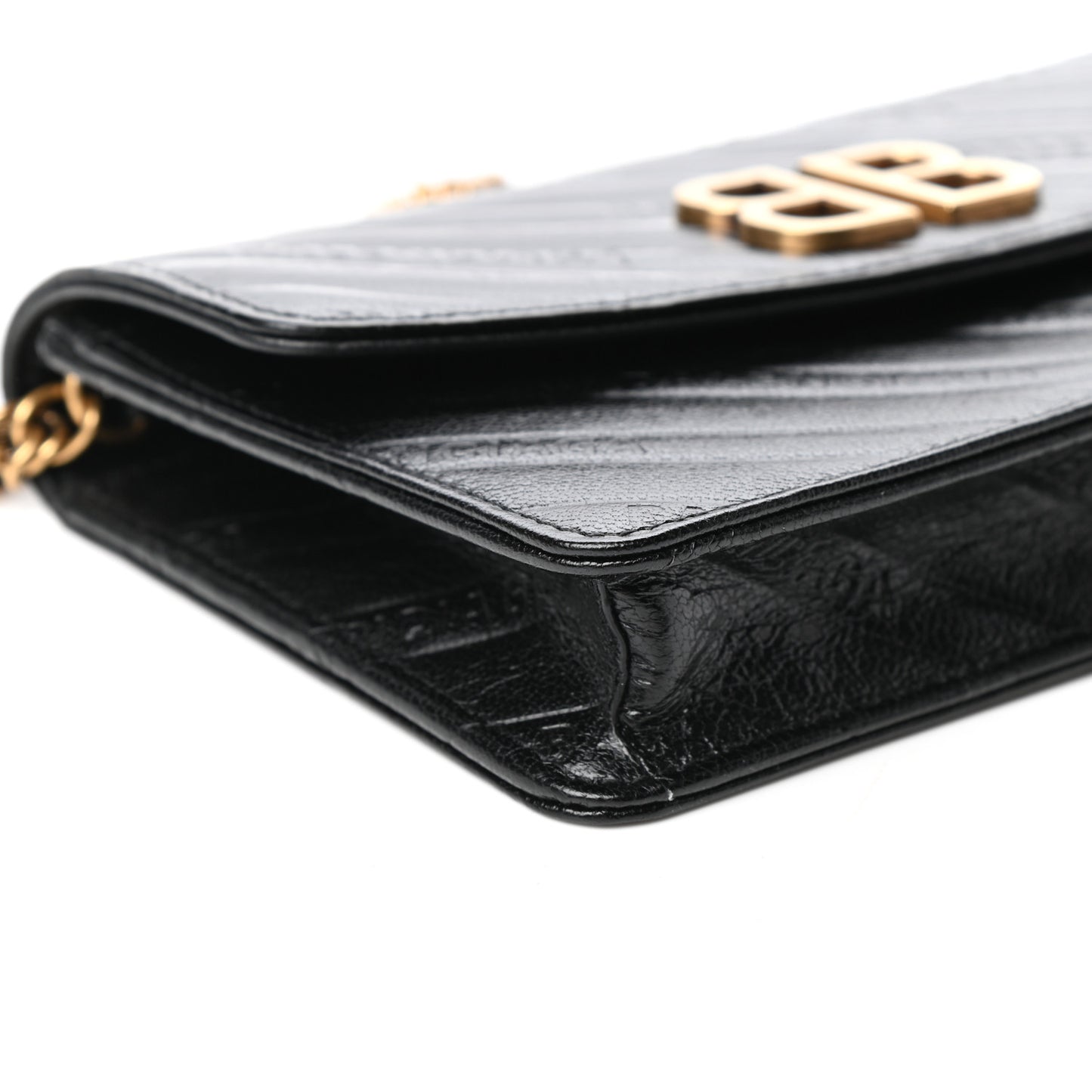 Shiny Goatskin Logo Embossed BB Wallet On Chain Black