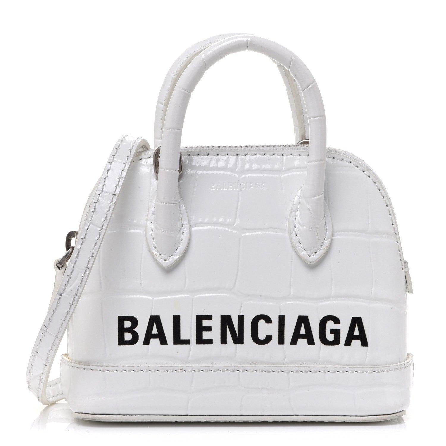 Balenciaga Calfskin Logo Crocodile Embossed Mini Ville Top Handle Bag White Black 1 of 7