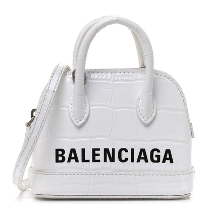 Balenciaga Calfskin Logo Crocodile Embossed Mini Ville Top Handle Bag White Black 1 of 7