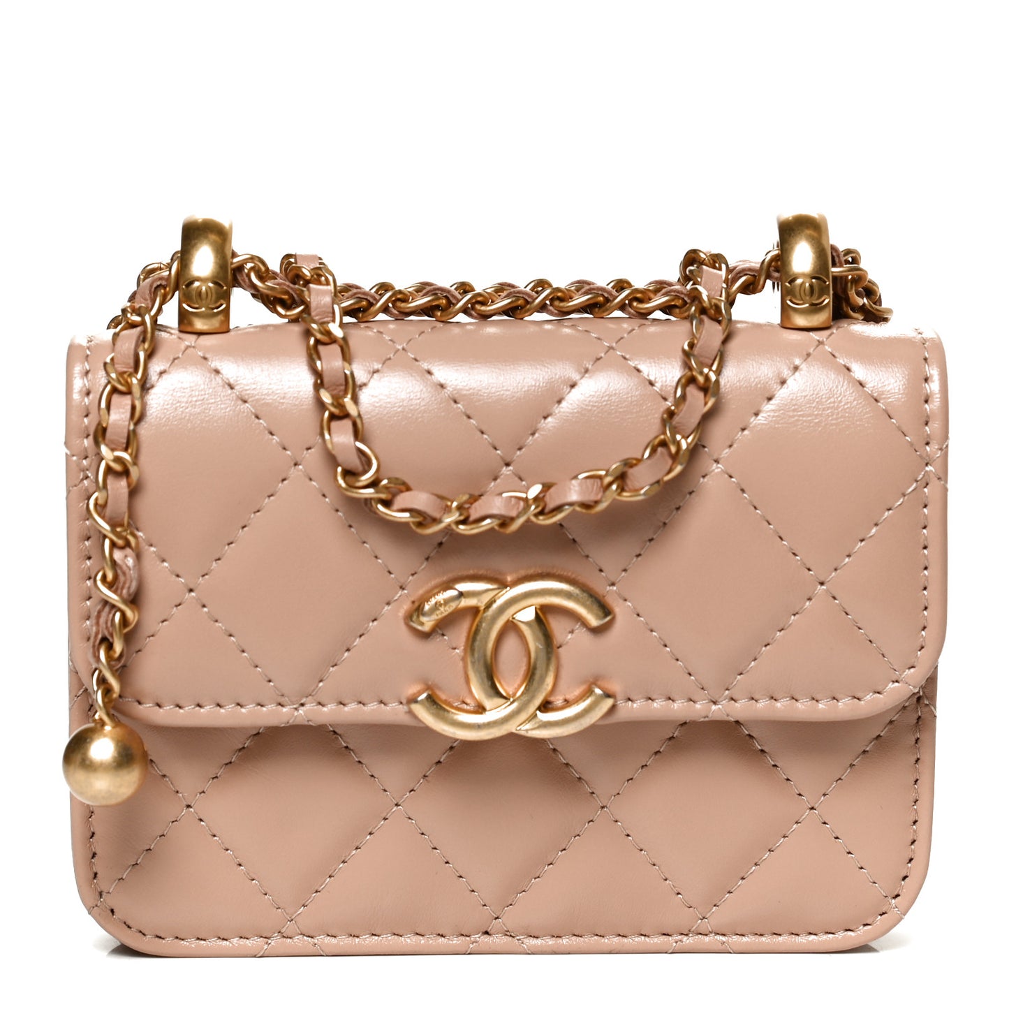 Calfskin Quilted Perfect Fit Coin Purse With Chain Beige
