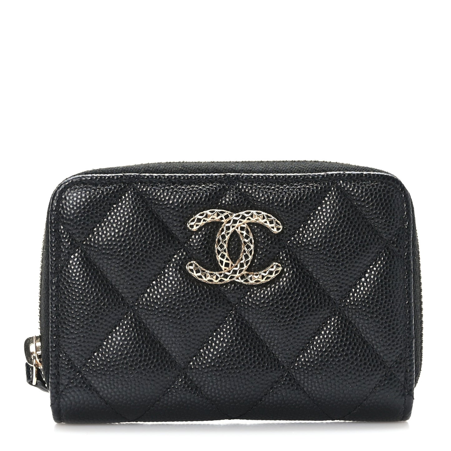 Caviar Quilted Perforated CC Zip Coin Purse Black