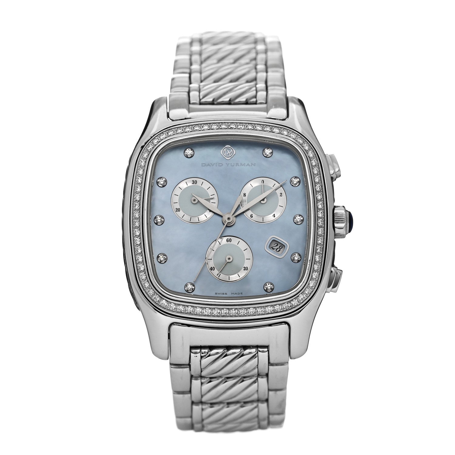David Yurman Stainless Steel Diamond Bezel Blue Mother of Pearl 35mm Thoroughbred Chronograph Quartz Watch 1 of 5