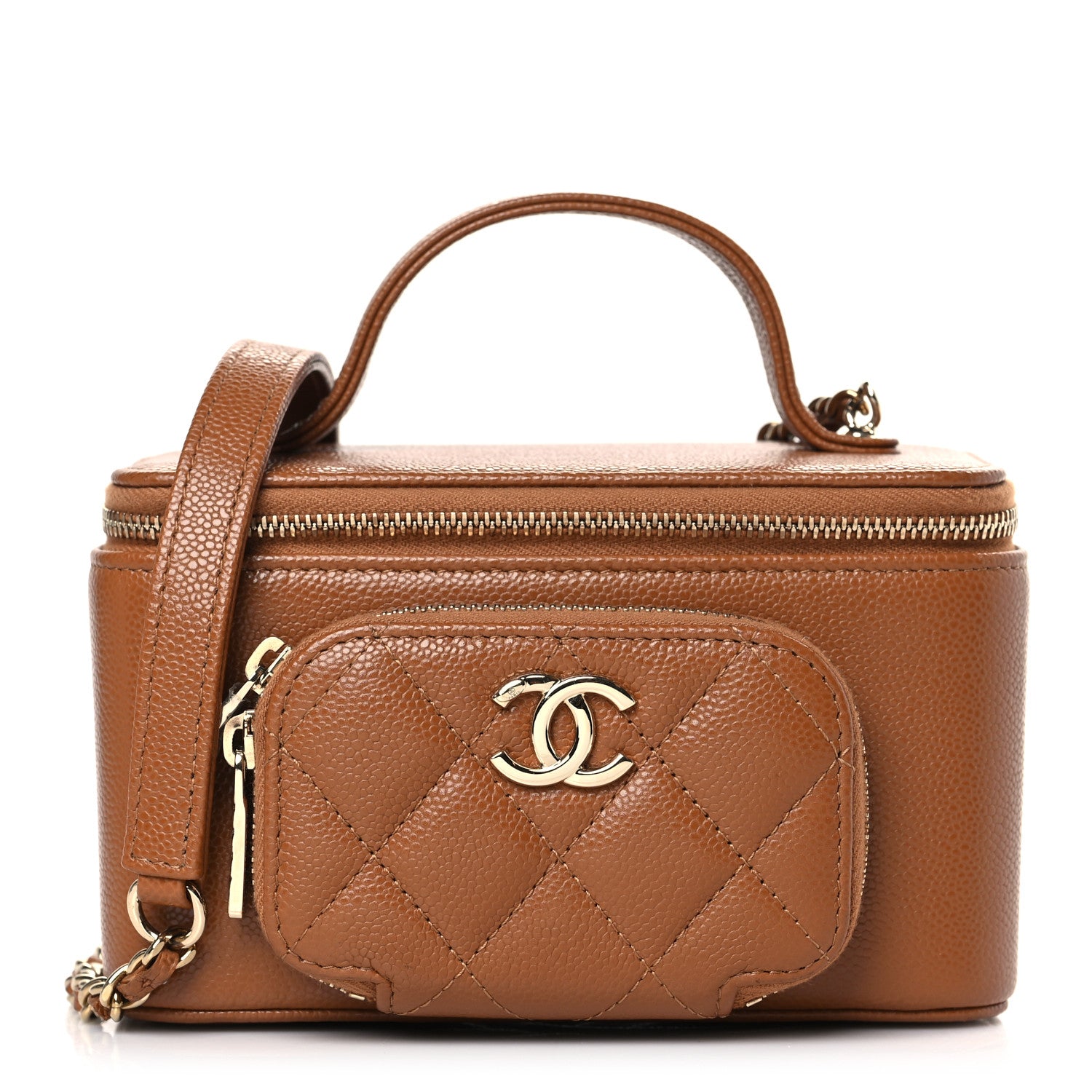 image of CHANEL Caviar Quilted Top Handle Pocket Vanity Case in the color Camel by FASHIONPHILE