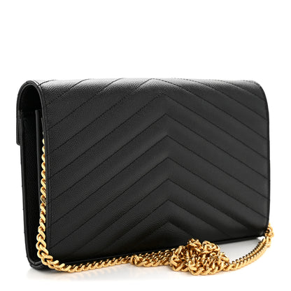 Saint Laurent Grain De Poudre Matelasse Chevron Monogram Chain Wallet Black 3 of 12
