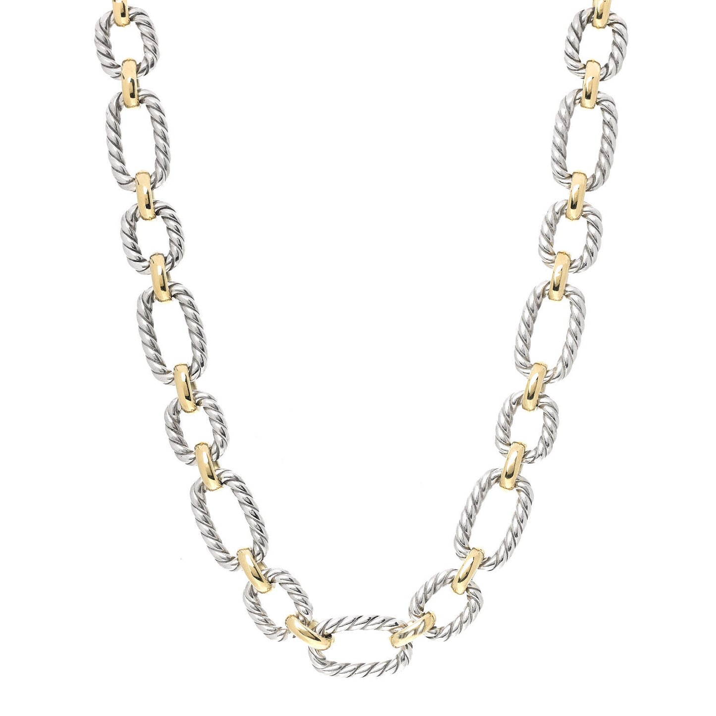 Sterling Silver 18K Yellow Gold Blue Sapphire 12mm Cushion Link Necklace
