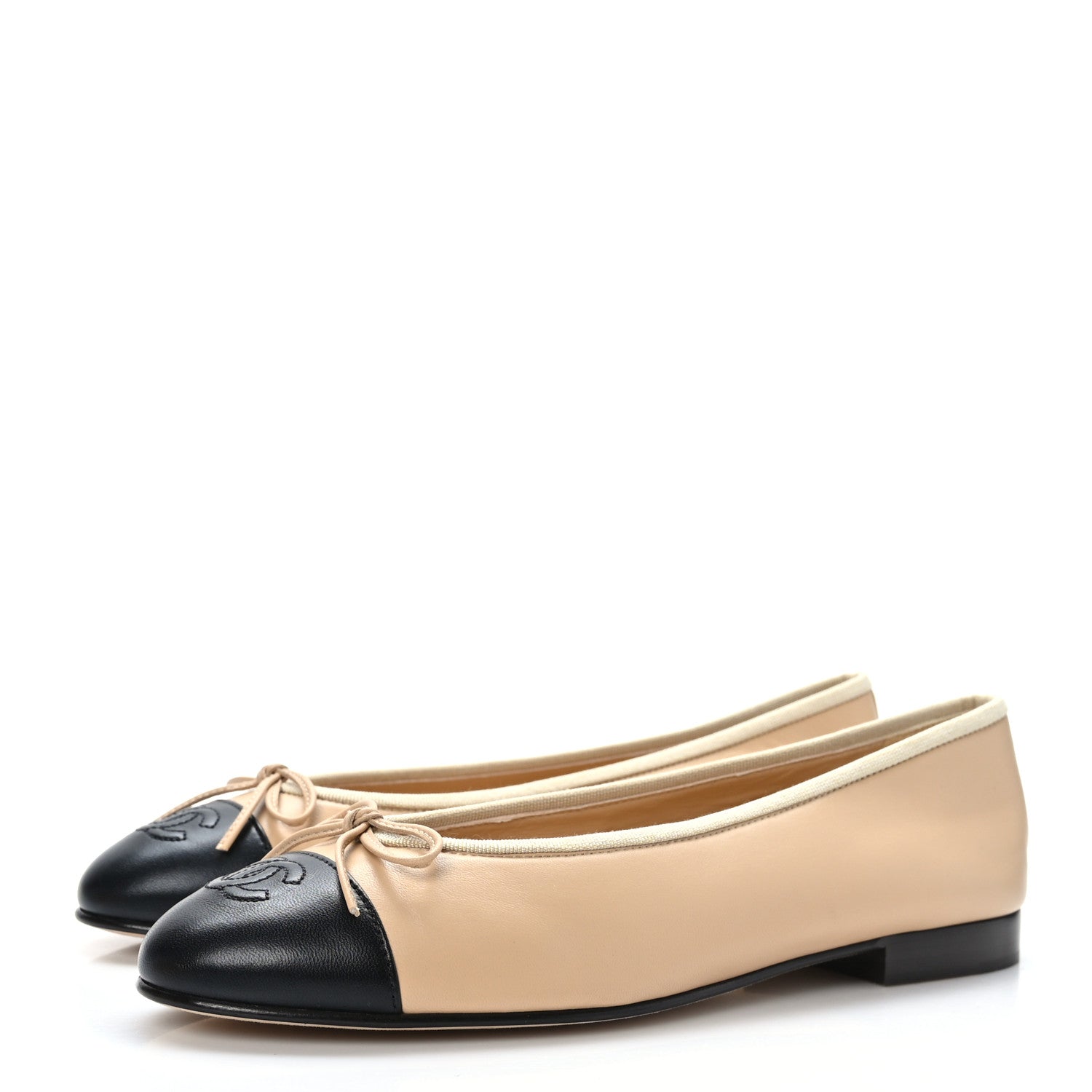 Chanel Lambskin Cap Toe CC Ballerina Flats 39.5 Beige Black 3 of 8