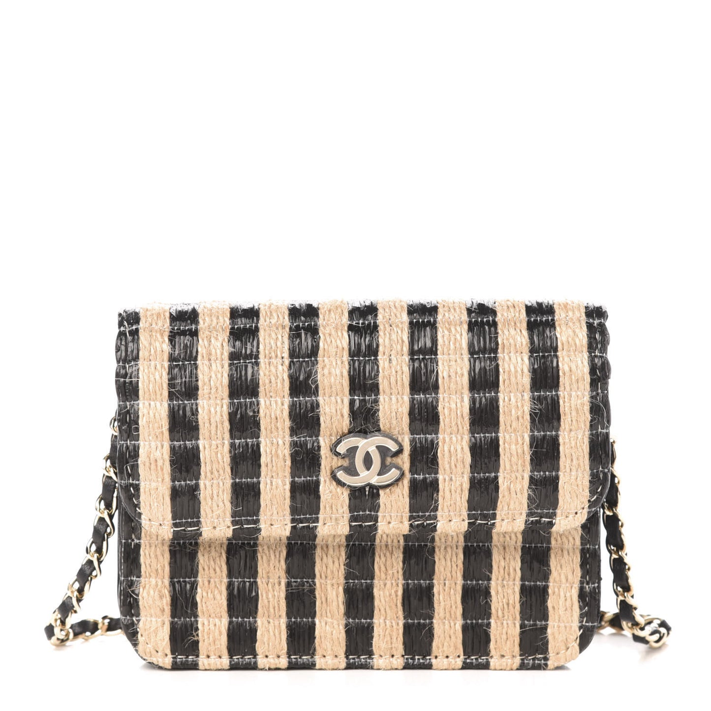 Raffia Jute Striped Belt Bag Black Beige