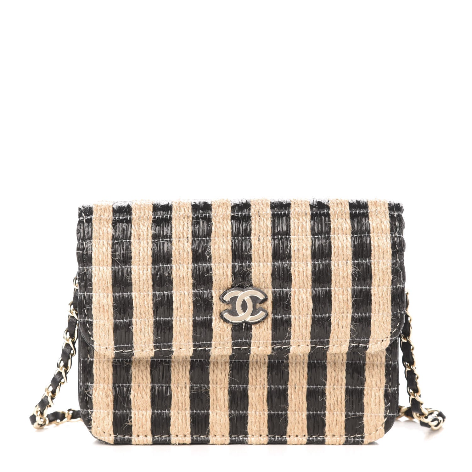 Chanel Raffia Jute Striped Belt Bag Black Beige 1 of 13