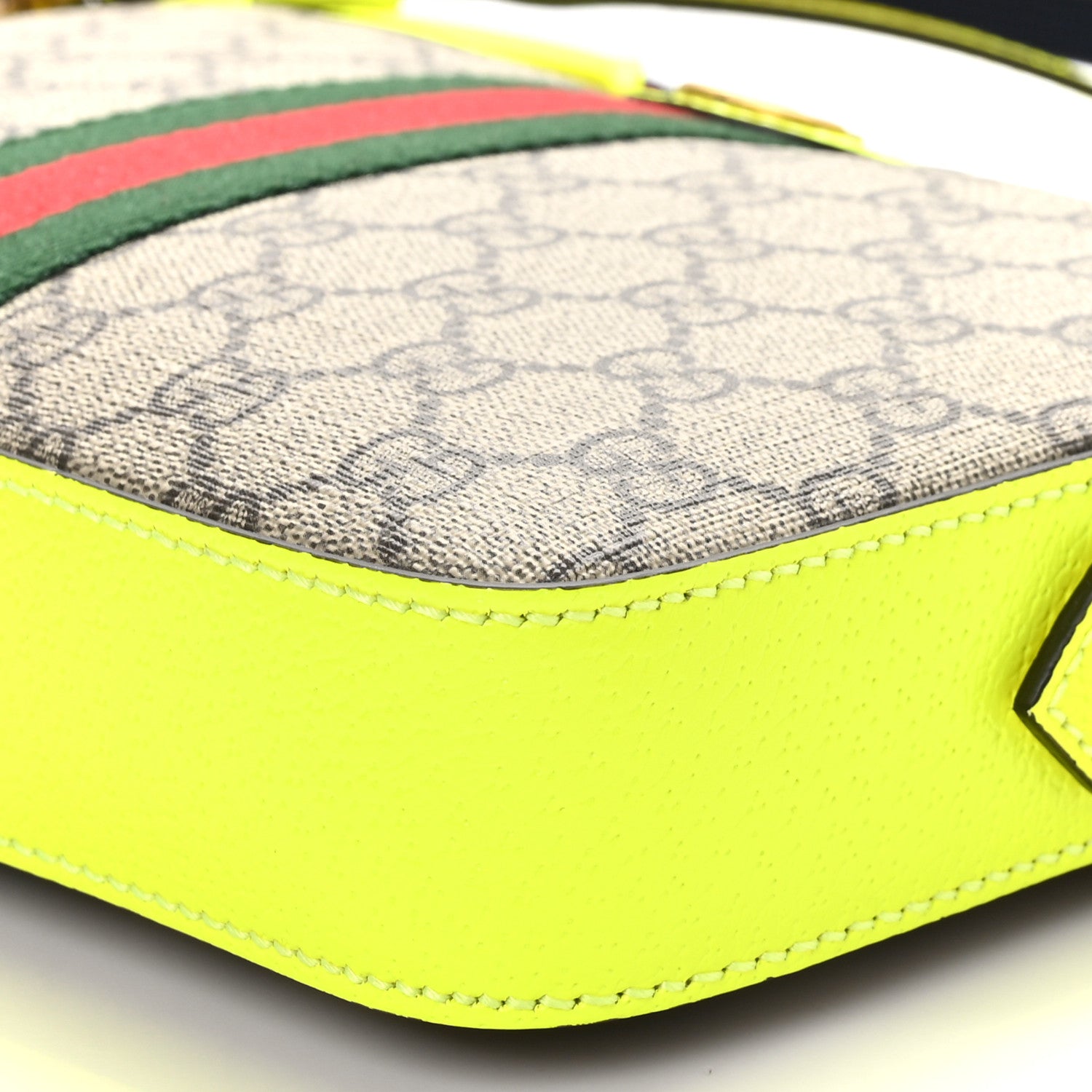 Gucci GG Supreme Monogram Textured Dollar Calfskin Web Ophidia Wristlet Shoulder Bag Beige Ebony Fluo Yellow 10 of 10