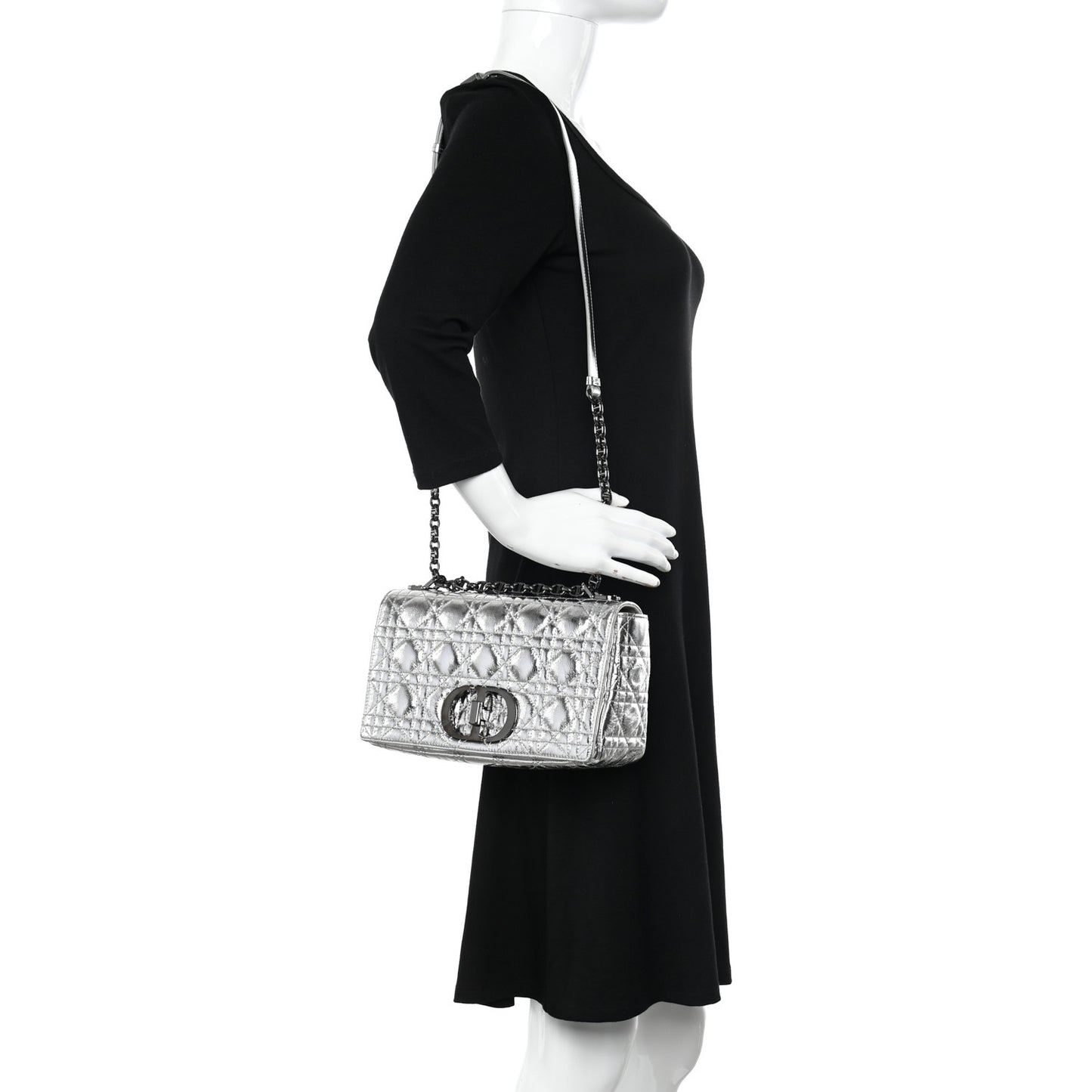 Metallic Calfskin Cannage Medium Caro Bag Argent