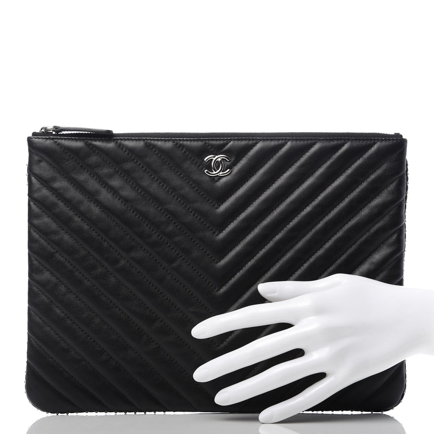 Lambskin Chevron Quilted Studded Medium Cosmetic Case Black