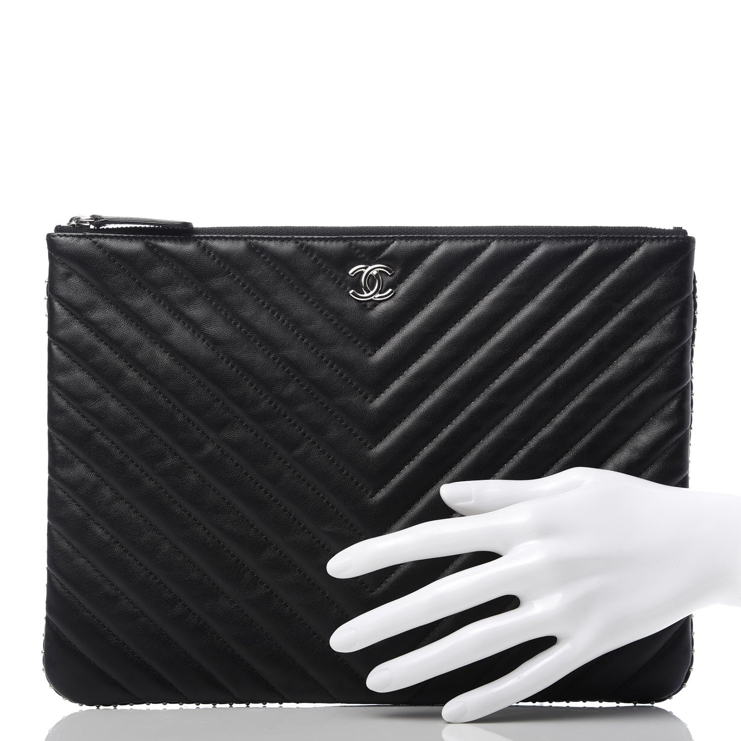 Chanel Lambskin Chevron Quilted Studded Medium Cosmetic Case Black 2 of 8