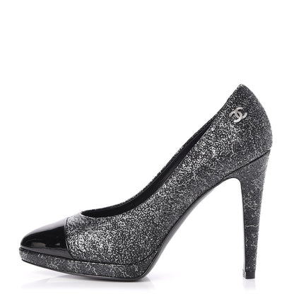 Chanel Metallic Crackled Calfskin Patent Cap Toe Pumps 38 Black 1 of 8