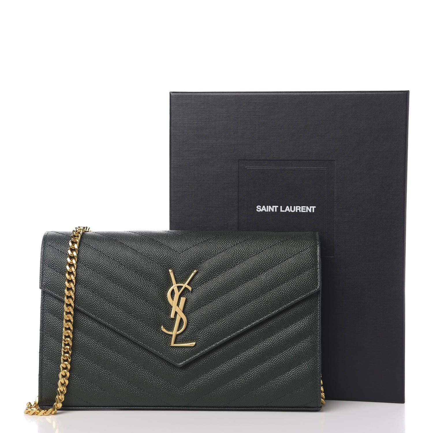 Saint Laurent Grain de Poudre Matelasse Chevron Medium Monogram Chain Wallet Dark Emerald 9 of 9