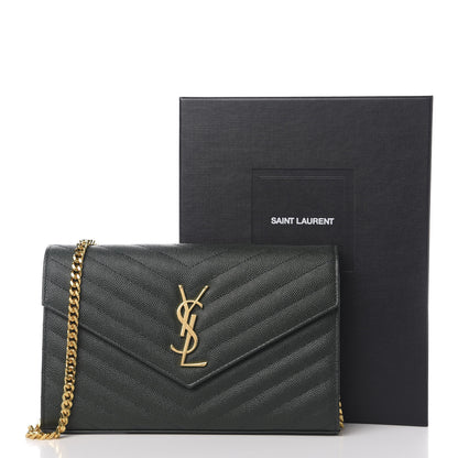 Saint Laurent Grain de Poudre Matelasse Chevron Medium Monogram Chain Wallet Dark Emerald 9 of 9