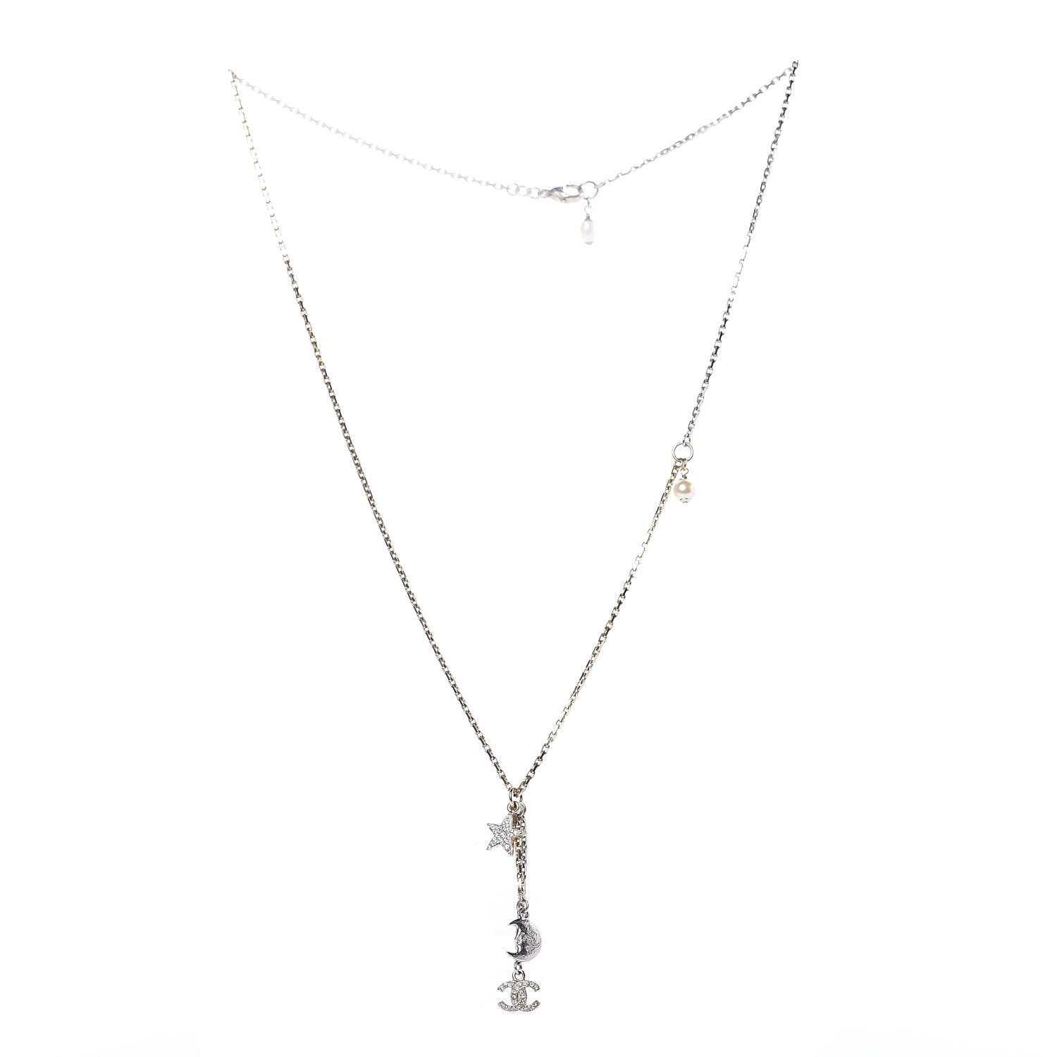 Chanel Crystal Pearl CC Moon Star Drop Necklace Gold 4 of 5
