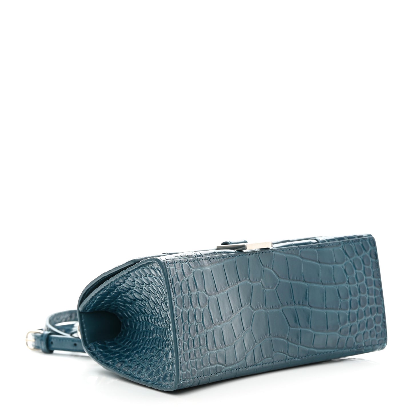 Shiny Calfskin Crocodile Embossed Small Hourglass Top Handle Bag Dark Petrol Blue