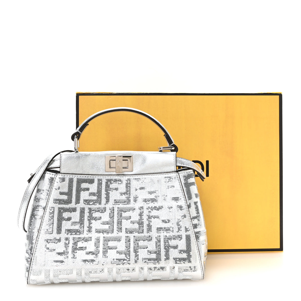 Fendi Vitello Catalan Mirror Sequin FF 1974 Embroidered Mini Peekaboo Iconic Satchel Argento 11 of 11