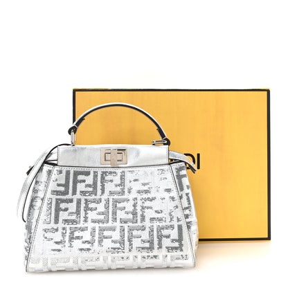 Fendi Vitello Catalan Mirror Sequin FF 1974 Embroidered Mini Peekaboo Iconic Satchel Argento 11 of 11
