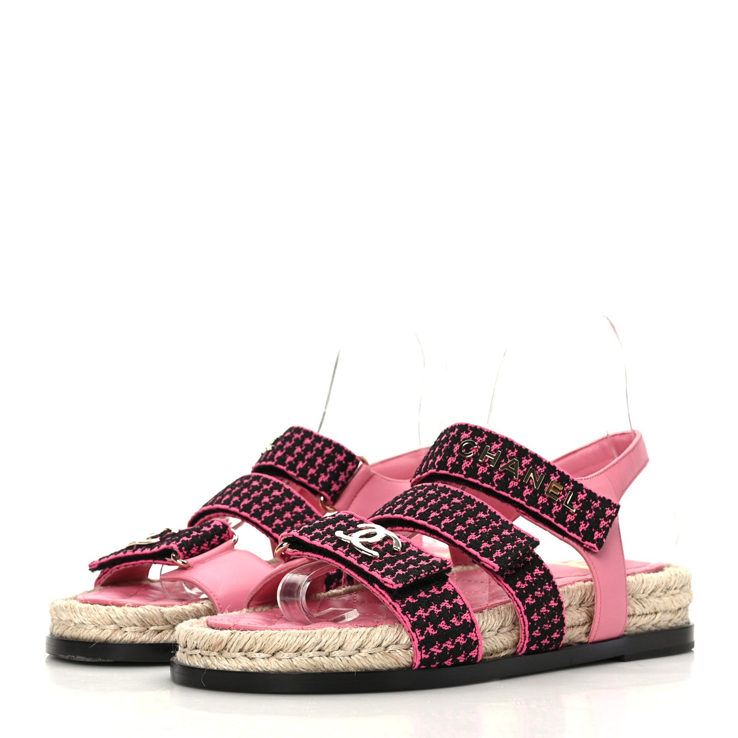 Stretch Fabric Lambskin CC Flat Sandals 36 Pink Black