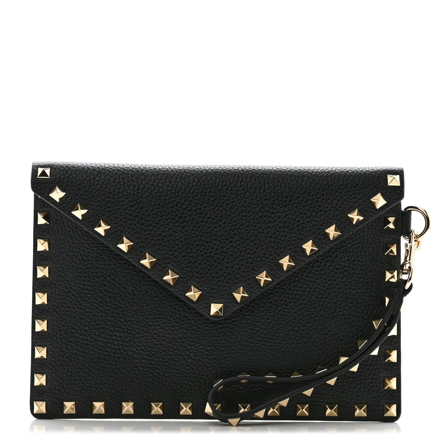 Pebbled Calfskin Medium Rockstud Envelope Flat Wristlet Pouch Black