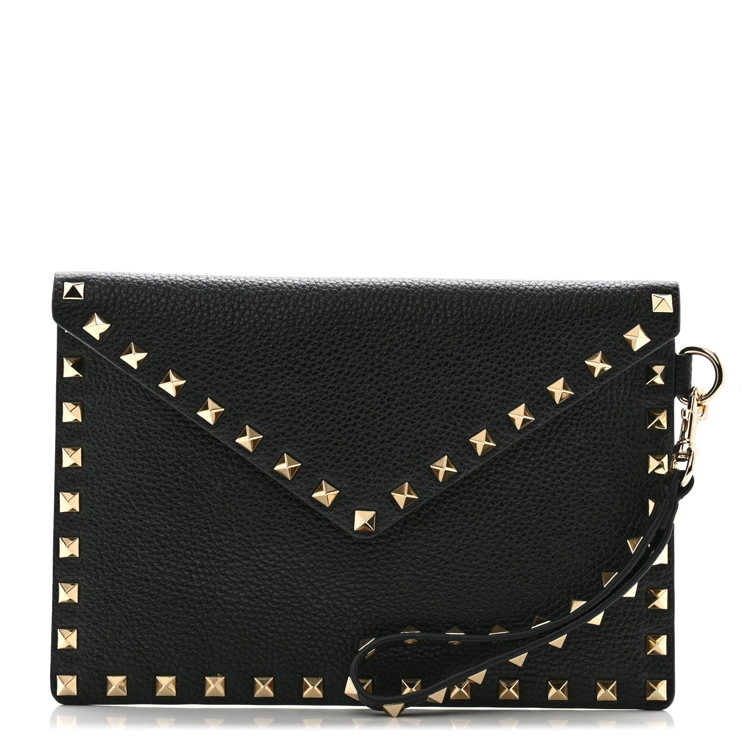 Valentino Garavani Pebbled Calfskin Medium Rockstud Envelope Flat Wristlet Pouch Black 1 of 7