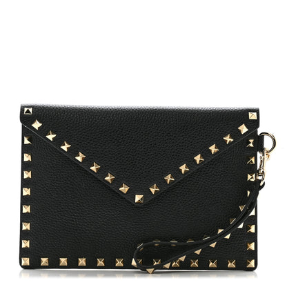Valentino Garavani Pebbled Calfskin Medium Rockstud Envelope Flat Wristlet Pouch Black 1 of 7