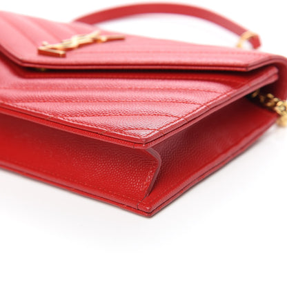 Saint Laurent Grain De Poudre Matelasse Chevron Monogram Envelope Chain Wallet New Red 8 of 11