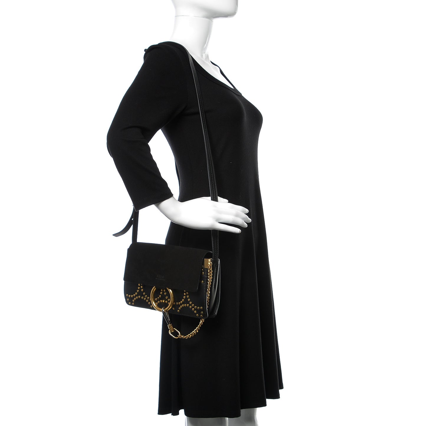 Suede Calfskin Studded Small Faye Shoulder Bag Black