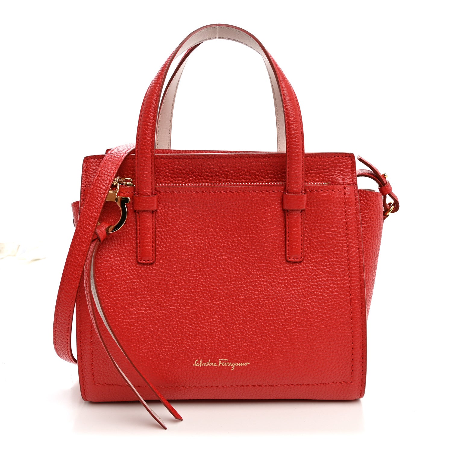 Salvatore Ferragamo Hammered Calfskin Double Handle Small Amy Tote Flame Red Jasmine Flower 1 of 9