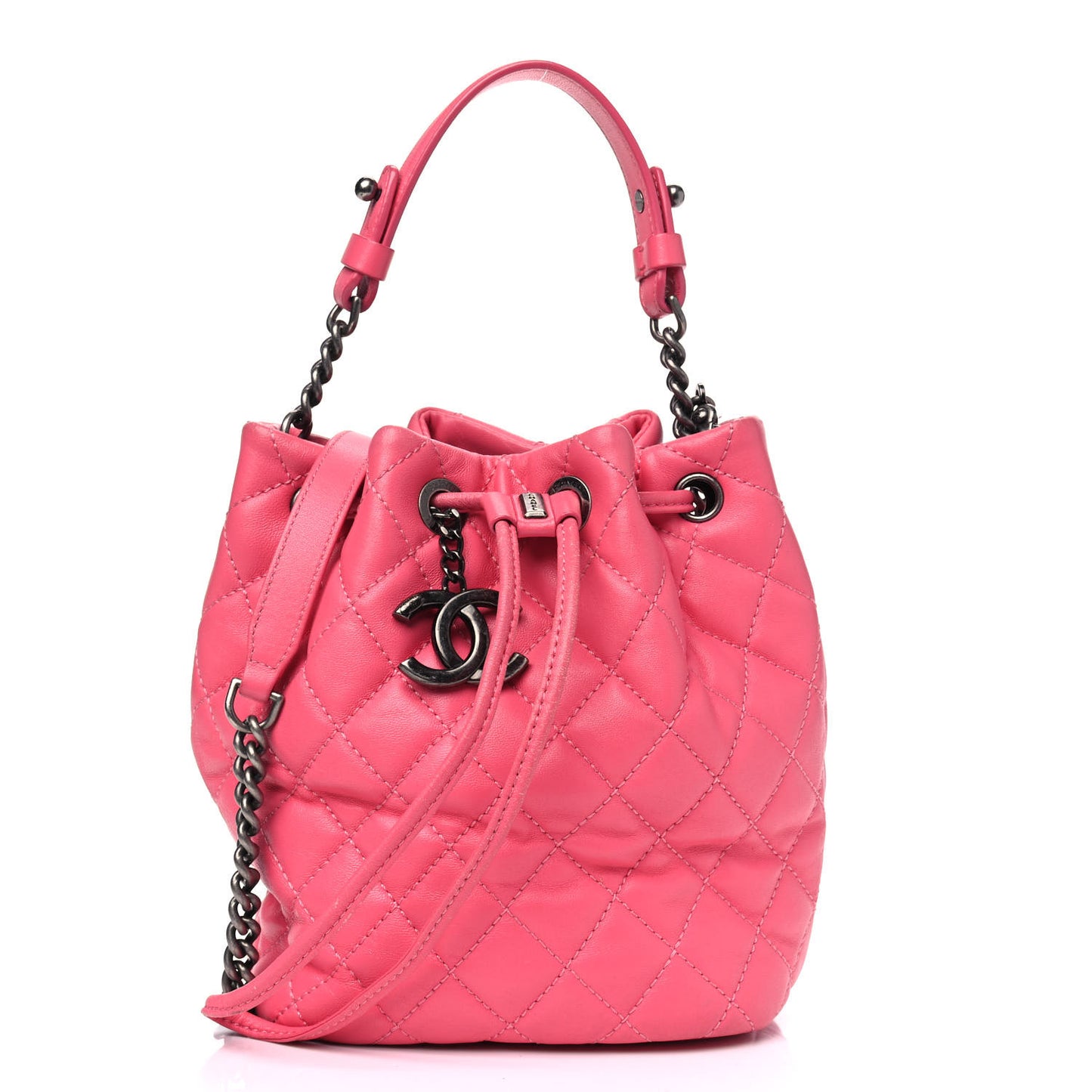 Lambskin Quilted CC Chain Bucket Bag Pink