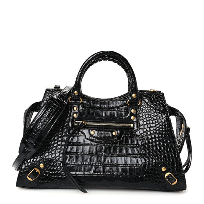 Balenciaga Shiny Supple Calfskin Crocodile Embossed Brass Hardware Neo Classic City Black 1 of 9