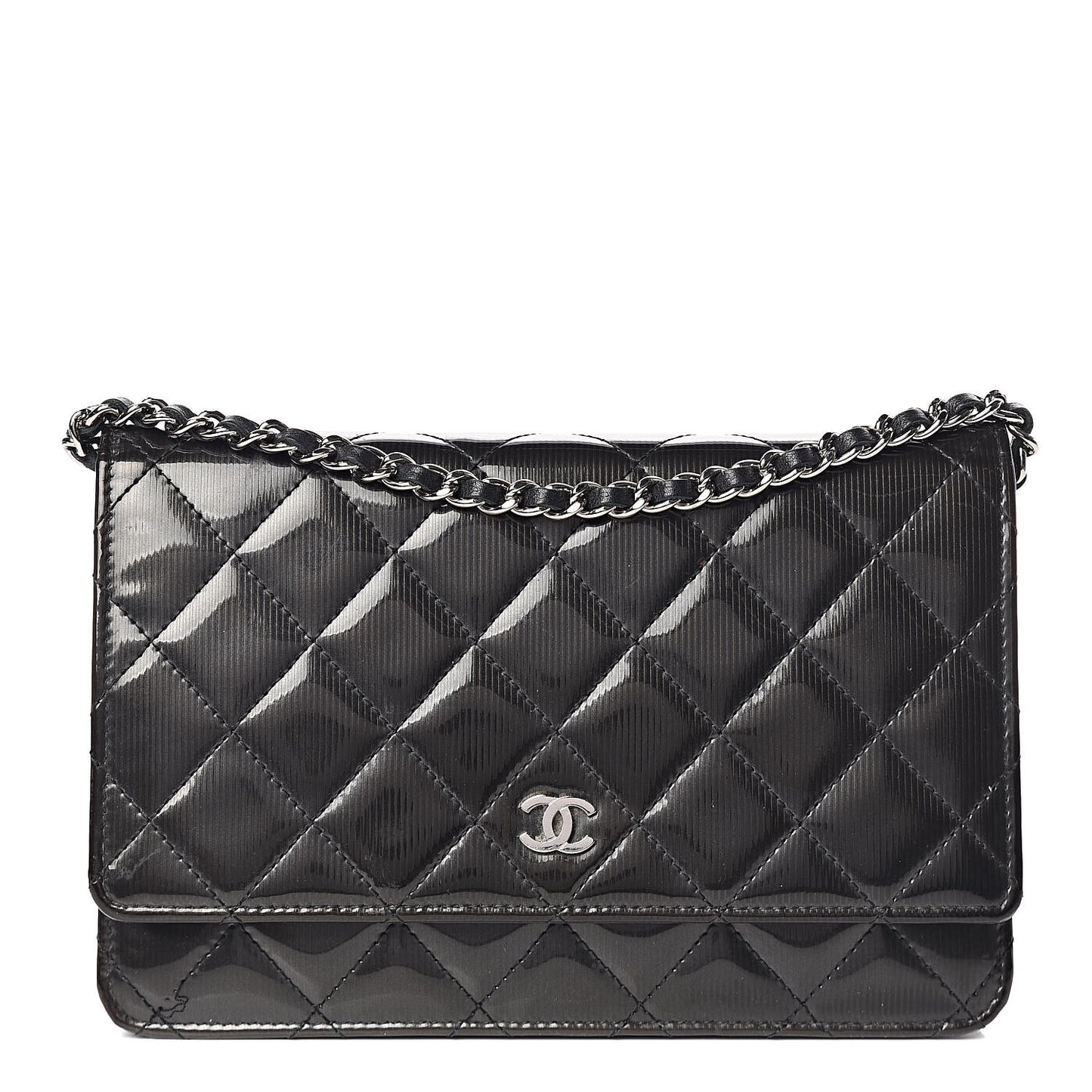 Striated Patent Quilted Wallet on Chain WOC Black