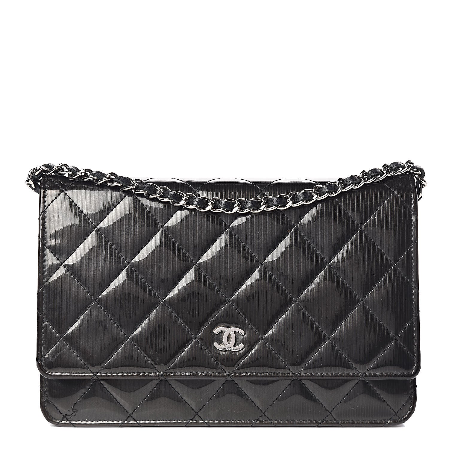 Chanel Striated Patent Quilted Wallet on Chain WOC Black 1 of 16