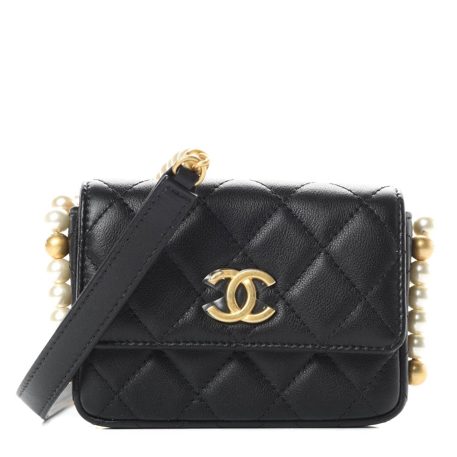 Chanel Calfskin Quilted About Pearls Card Holder Flap With Chain Black 1 of 12