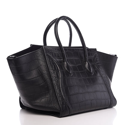 Celine Crocodile Embossed Calfskin Medium Phantom Luggage Black 3 of 9