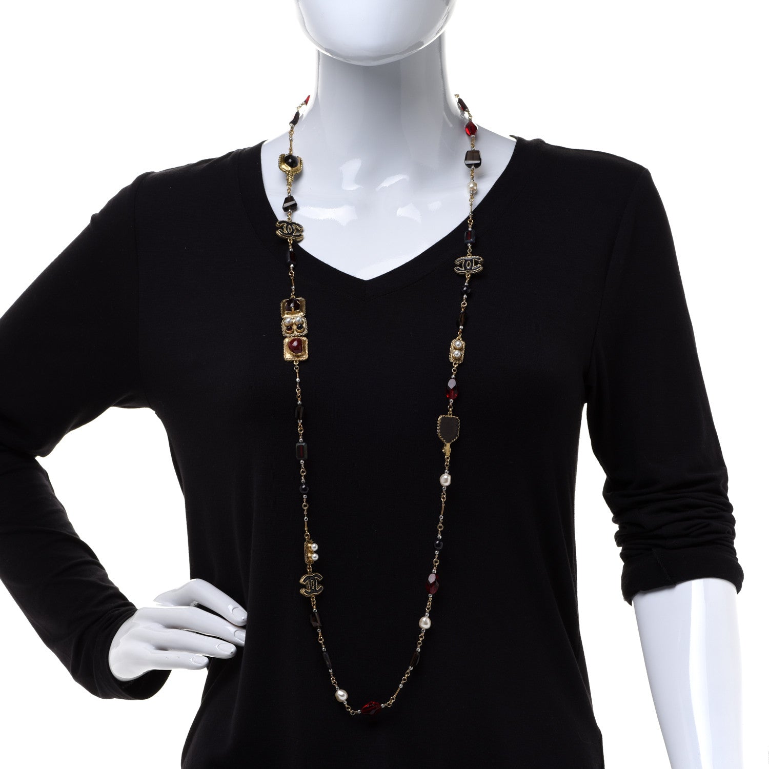 Chanel Gripoix Poured Glass Pearl CC Long Necklace Red Gold Multicolor 2 of 7