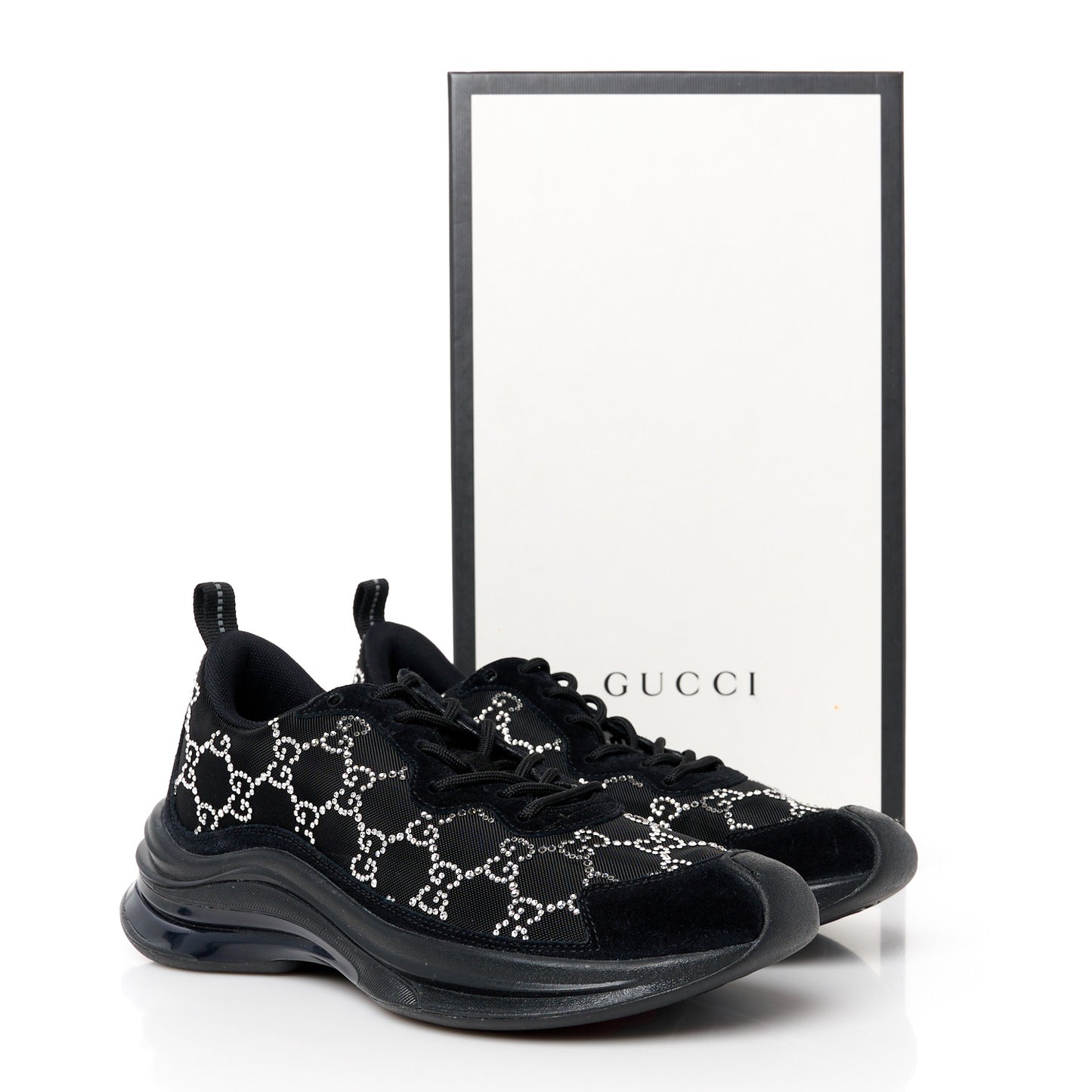 Tela Retino Mesh Crystal Suede GG Monogram Womens Gucci Run Sneakers 39 Black Silver