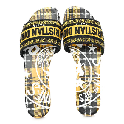Christian Dior Canvas Union Check Embroidered Dway Flat Slide Sandals 38.5 Black Yellow 2 of 10