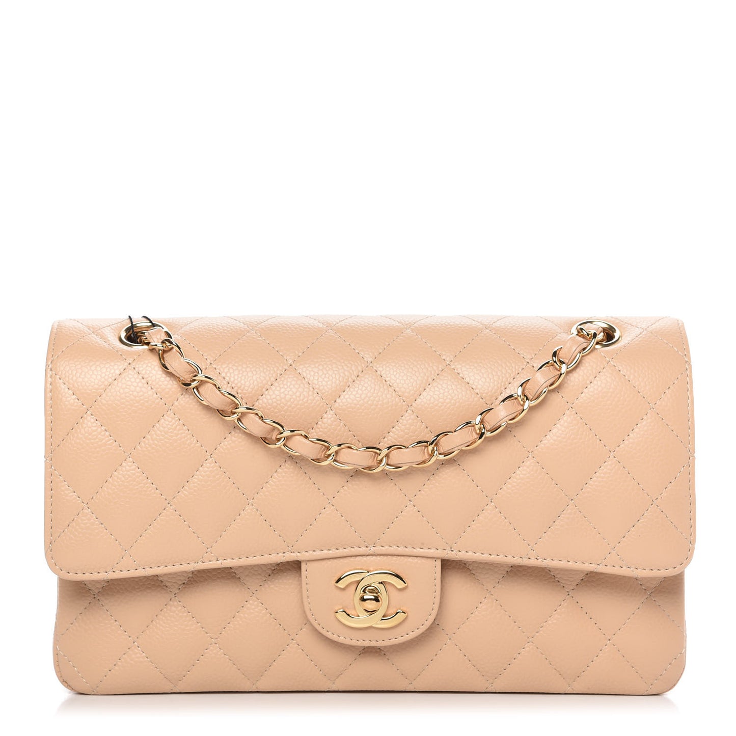 Caviar Quilted Medium Double Flap Beige