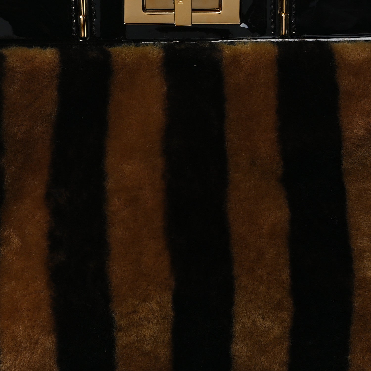 Fendi Shearling Vitello Vernice Mou Pequin Striped Medium Peekaboo Iconic Satchel Tobacco Black 7 of 9