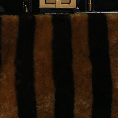 Fendi Shearling Vitello Vernice Mou Pequin Striped Medium Peekaboo Iconic Satchel Tobacco Black 7 of 9